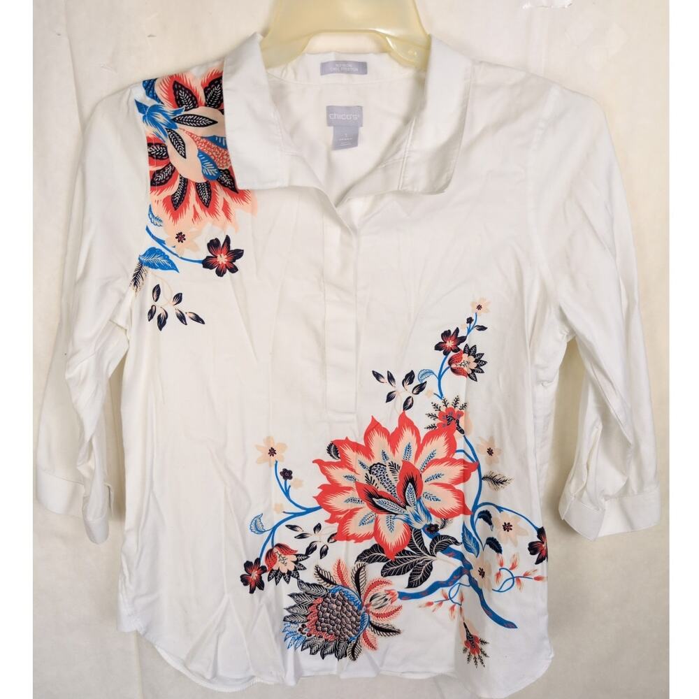 Chicos white cotton floral pop over top Sz 8 Boho Classic Crisp No Iron Stretch